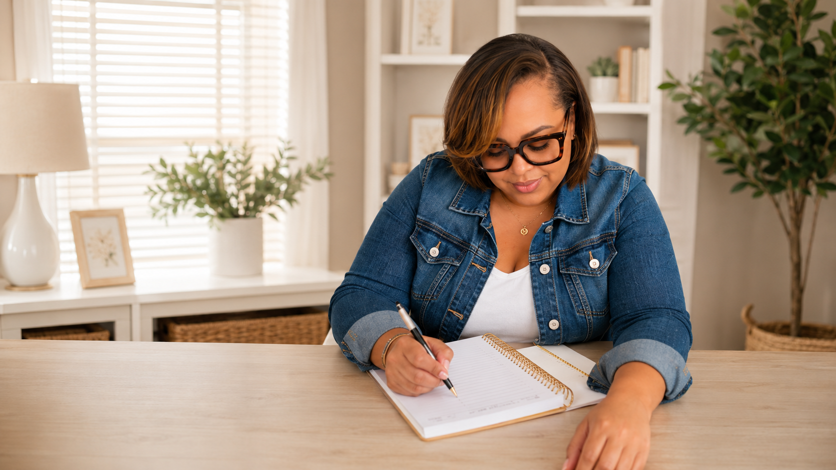 Ashlee Smiley, a former educator and homeschool mom, standing in her home office.